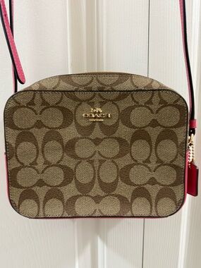 Coach 91677 Signature Camera Crossbody Bag Brown Hot Pink Leather Trim Mini